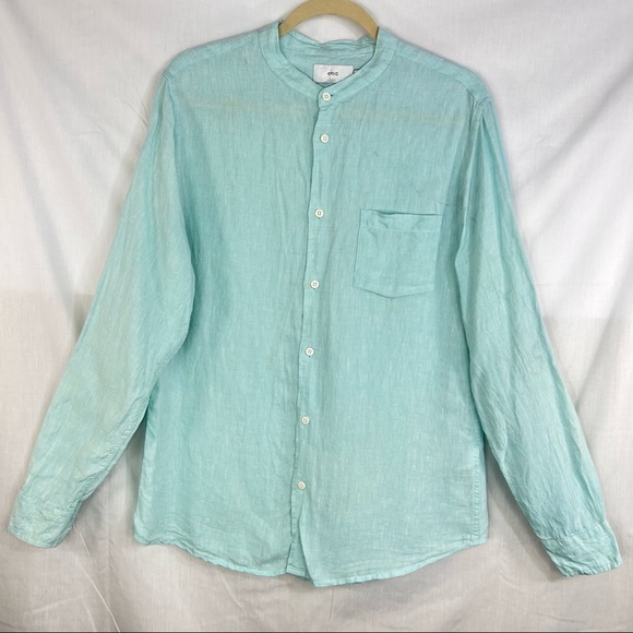 EUC Onia Mens Turquoise Mandarin Collar Linen Button Up Shirt SZ M Casual Preppy - Picture 1 of 11